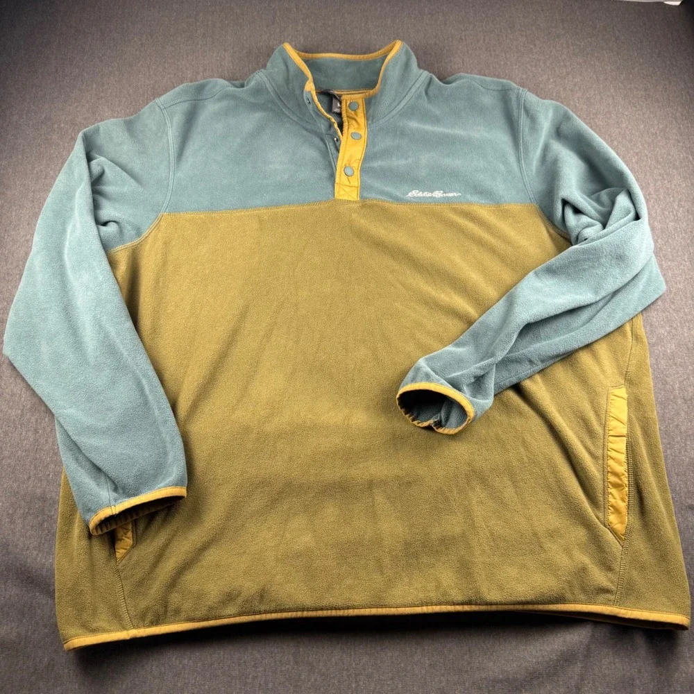 Eddie Bauer Mens 2XL Fleece Pullover Snap Neck Colorblock Blue Green Outdoor